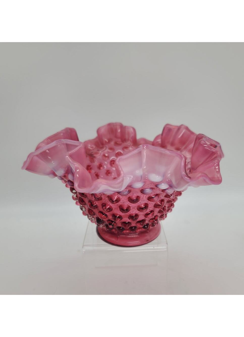 Fenton Cranberry Opalescent Hobnail Ruffled Edge Glass Vase Bowl